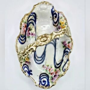 Antique Vintage Handpainted Floral Gilded Porcelain Basket Dish